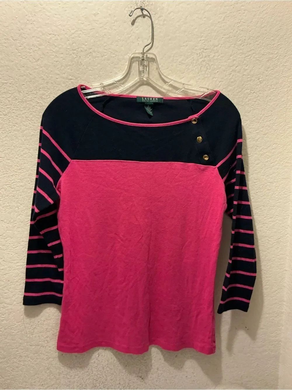 Lauren Ralph Lauren Hot Pink and Navy Striped Boatneck Sweater Top size L